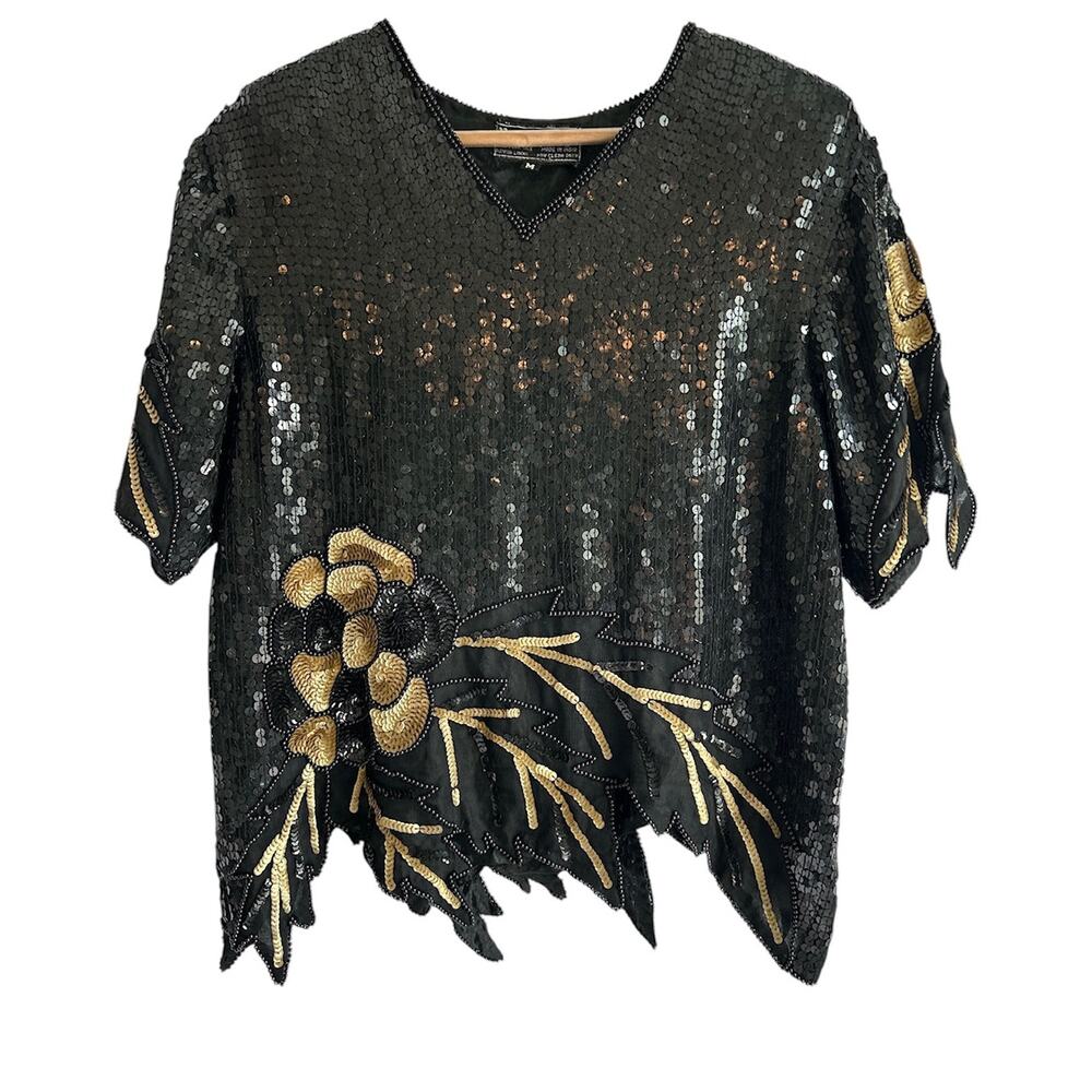 VTG Royal Feelings‎ Medium Silk Beaded Sequined Black & Gold Floral Even Blouse